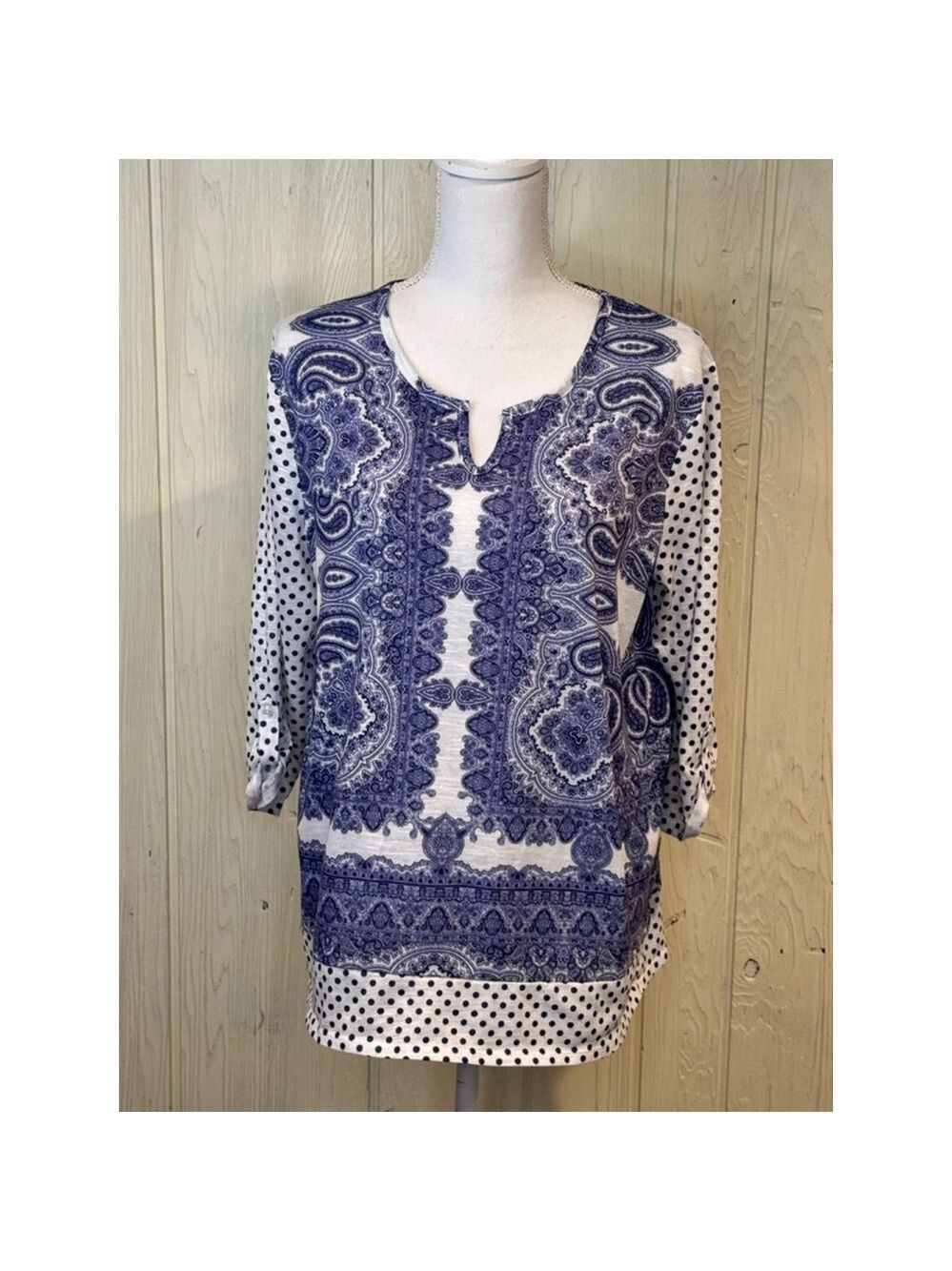 Chico's Roll Tab Tunic Paisley Polka Dot Medium